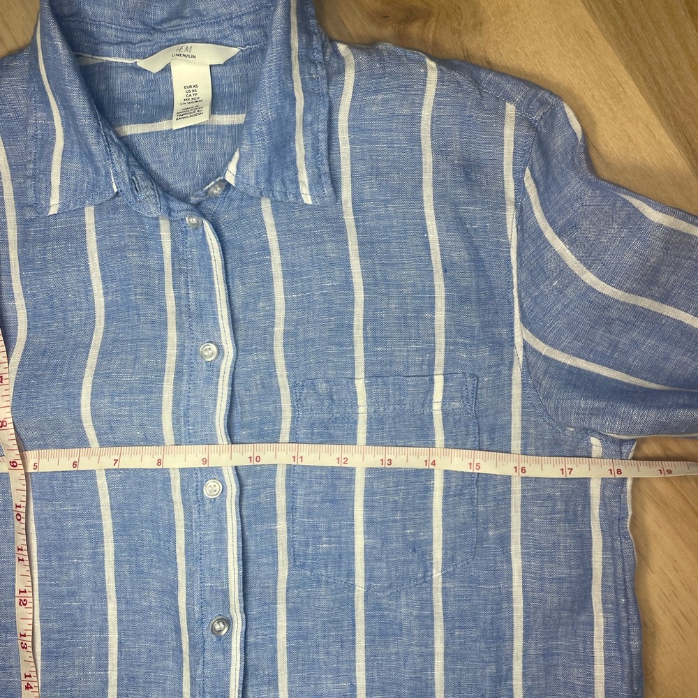H&M 100% Linen Blue White Stripe Button Down Shirt Lightweight XS - Picture 7 of 8